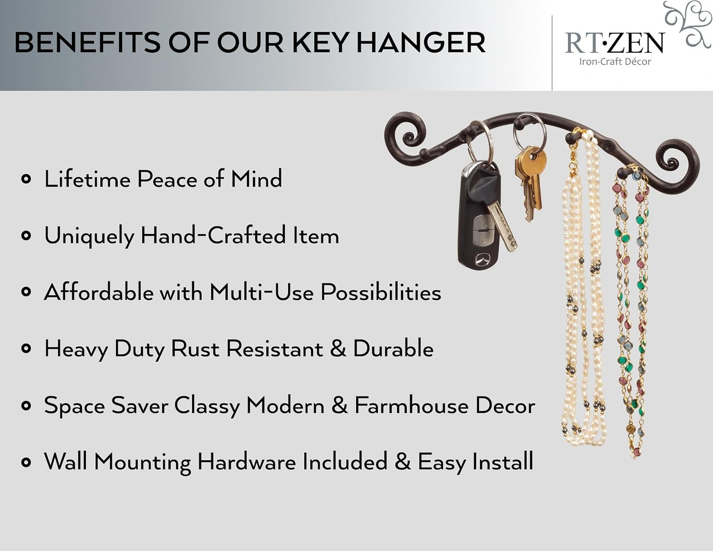 RTZEN Farmhouse Small Key Holder for Wall - Handcrafted Swirl Decorative 5 Key Hooks for Home Entryway - Wrought Iron Wall Mount Rack Purse Coat and Leash Holder or Organizer (Classic Black)