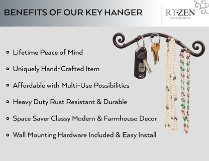 RTZEN Farmhouse Small Key Holder for Wall - Handcrafted Swirl Decorative 5 Key Hooks for Home Entryway - Wrought Iron Wall Mount Rack Purse Coat and Leash Holder or Organizer (Classic Black)