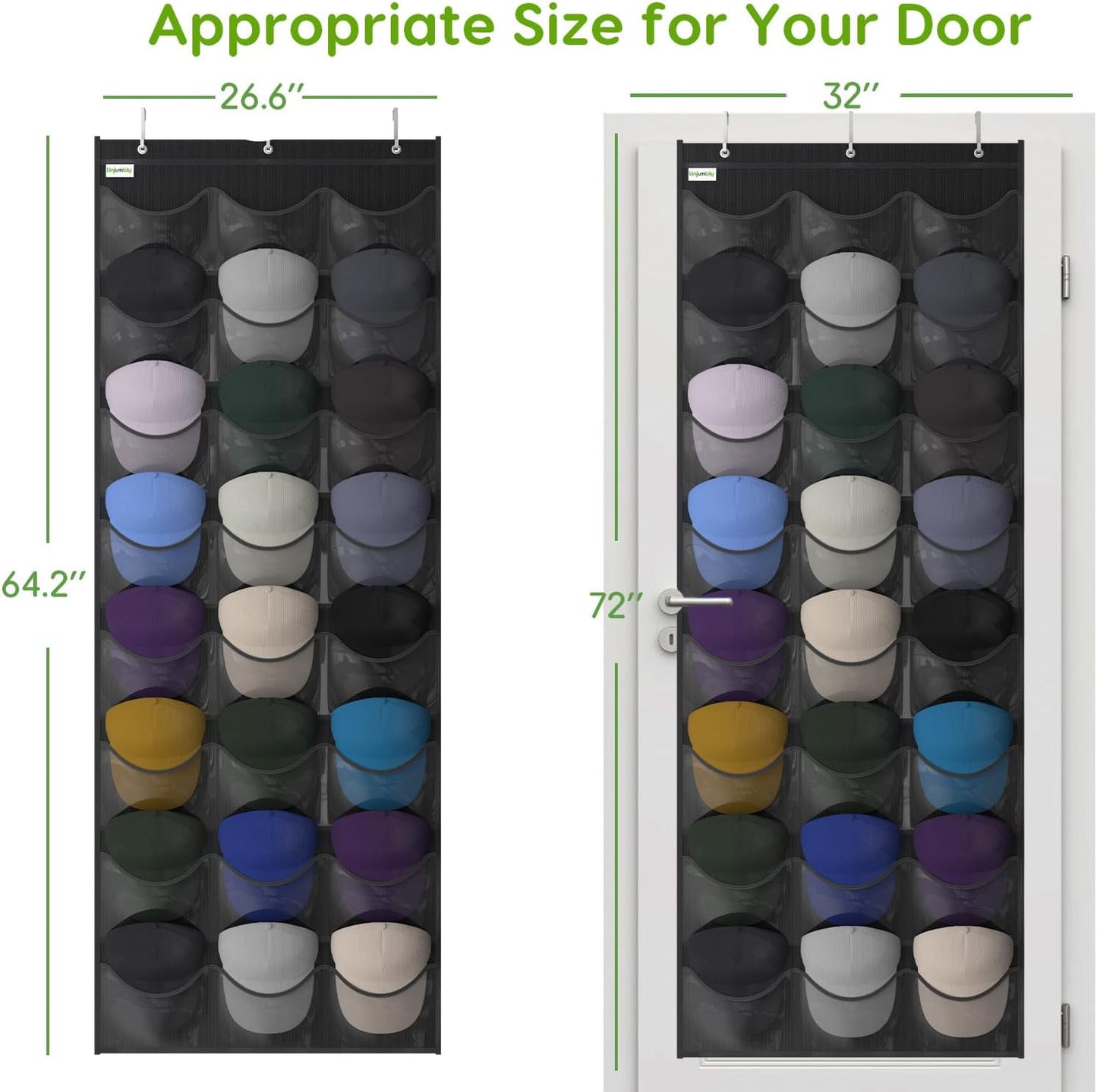 Baseball Hat Rack, 24 Pocket Over-The-Door Hat Organizer with Clear Deep Pockets to Display Baseball Caps Collection, Complete with 3 Over Door Hooks (Black, 24 Pockets)