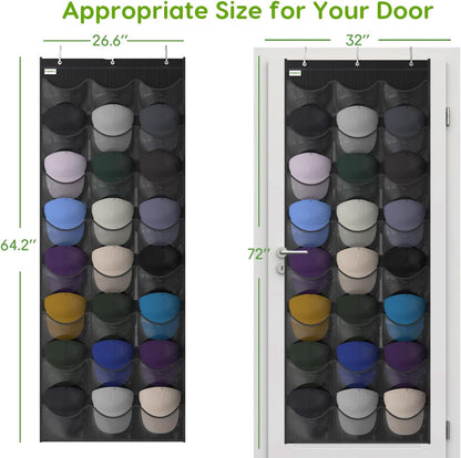 Baseball Hat Rack, 24 Pocket Over-The-Door Hat Organizer with Clear Deep Pockets to Display Baseball Caps Collection, Complete with 3 Over Door Hooks (Black, 24 Pockets)