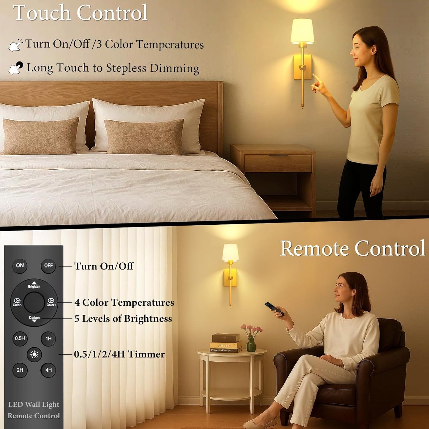 iThird Wall Sconce Battery Operated Set of 2, 6000mAh Rechargeable Wall Lights with Touch Control and Remote Control, Wireless Wall Lamps for Bedroom, Black Sconces Wall Decor for Living Room Hallway
