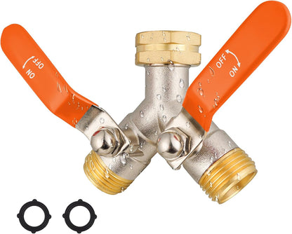 EJW Hose Splitter 2 Way, Garden Hose Splitters, 2 Way Faucet Splitter, Water Spigot Splitter, RV Brass Hose Splitter, Two way Hose Bib Splitter, Double Hose Connector, Hose Valve 3/4 Inch GHT Thread.