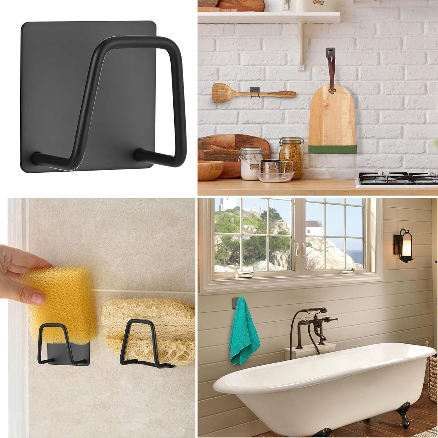 4 Pcs Sponge Holder for Kitchen Sink,SUS304 Stainless Steel Scrubber Hanger Caddy,Adhesive Hanging, Suitable for Kitchen Brush, Dish Rag, Sponge, Gloves, Anti-Rust Coating(Black)