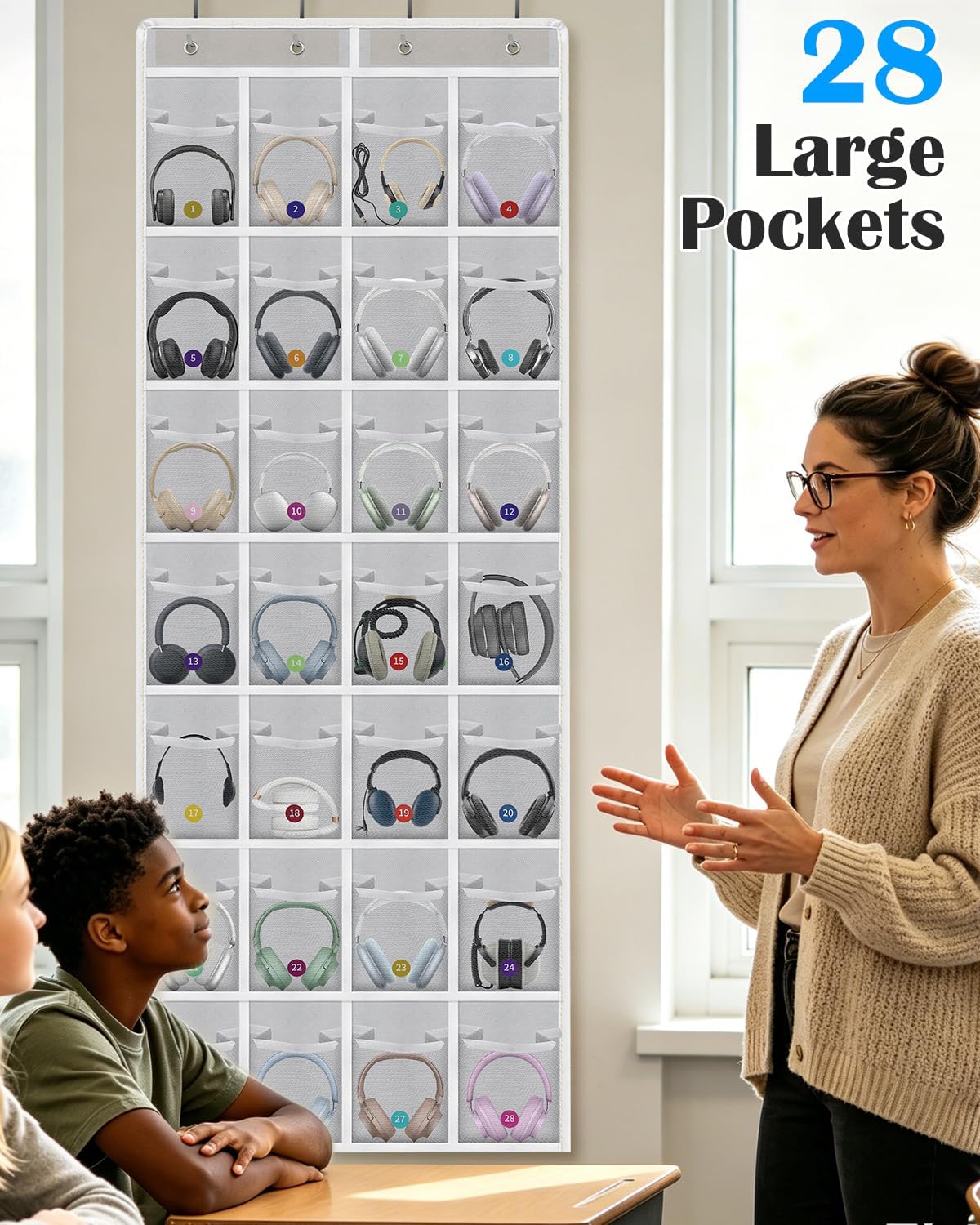 Classroom Headphone Storage Organizer with 28 Large Pockets and 100 Labels | Fabric Durable Classroom Pocket Chart Over The Door Hanging Headphone Holder Bag School Supplies Teacher Essentials, Grey