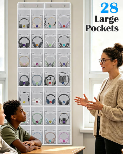 Classroom Headphone Storage Organizer with 28 Large Pockets and 100 Labels | Fabric Durable Classroom Pocket Chart Over The Door Hanging Headphone Holder Bag School Supplies Teacher Essentials, Grey