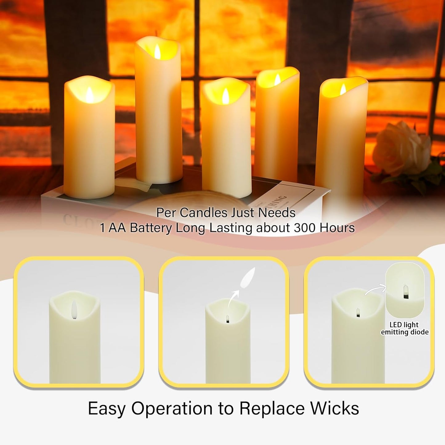 kakoya Flickering Flameless Candles Battery Operated with Remote and 2/4/6/8 H Timer Plexiglass Led Pillar Candles Pack of 9(D2.3 xH5.5 6.5" 7.5") with Realistic 3D Wick Candles for Home Decor(Ivory)