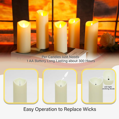 kakoya Flickering Flameless Candles Battery Operated with Remote and 2/4/6/8 H Timer Plexiglass Led Pillar Candles Pack of 9(D2.3 xH5.5 6.5" 7.5") with Realistic 3D Wick Candles for Home Decor(Ivory)