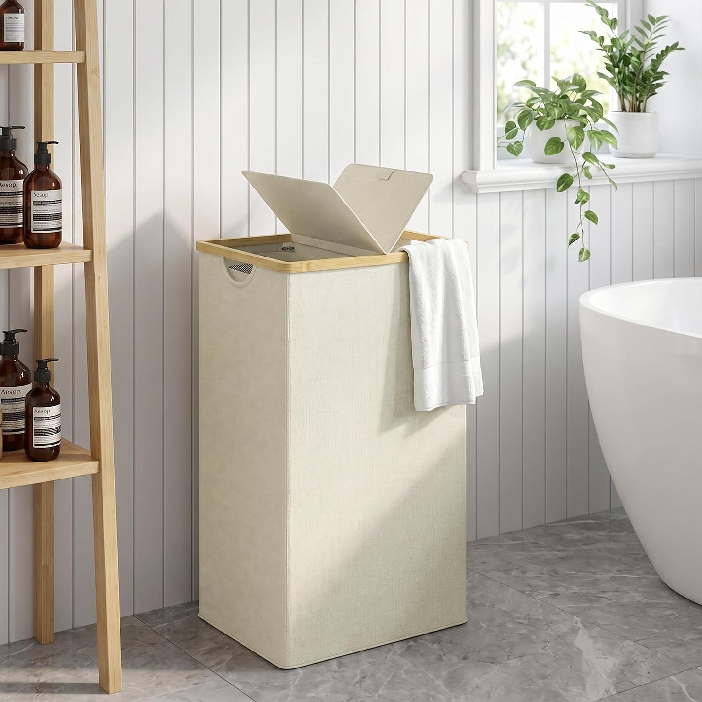 efluky Laundry Hamper with Lid, Trio Laundry Basket with 2 Removable Bags, 3 Section Laundry Bin with Bamboo Handles for Bathroom, Bedroom & Laundry Room, 160L (42.3 Gallon) Beige
