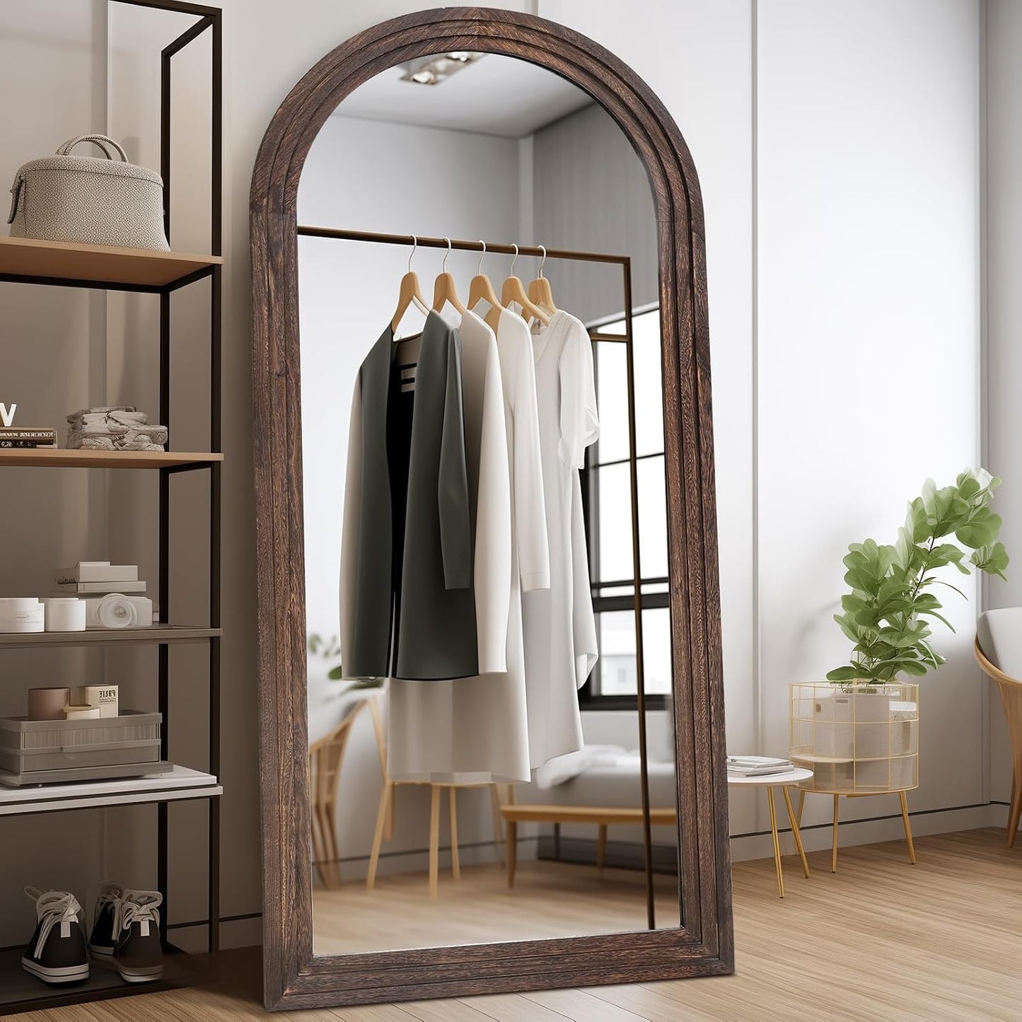 Solid Wood Full Length Mirror - 65"x22" Arched Floor Mirror, Free Standing & Wall Mounted - Elegant Design for Bedroom, Dressing Room, Hallway, Brown