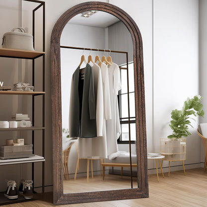 Solid Wood Full Length Mirror - 65"x22" Arched Floor Mirror, Free Standing & Wall Mounted - Elegant Design for Bedroom, Dressing Room, Hallway, Brown