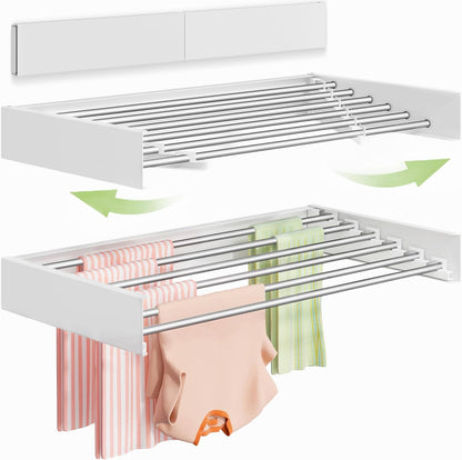 Vikaqi Wall Mounted Clothes Drying Rack 32", Foldable Wall Mount Laundry Rack Folding Indoor, Drying Rack Clothing Collapsible, Hidden Space Saver with Wall Template, 5 Rods, White