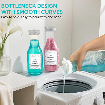 VZZNN 4 Pack Laundry Bottles 53oz Plastic Liquid Detergent Dispenser with 20 Label Laundry Room Organization for Liquid Powder Bleach Scent Booster Beads Soap Fabric Softener