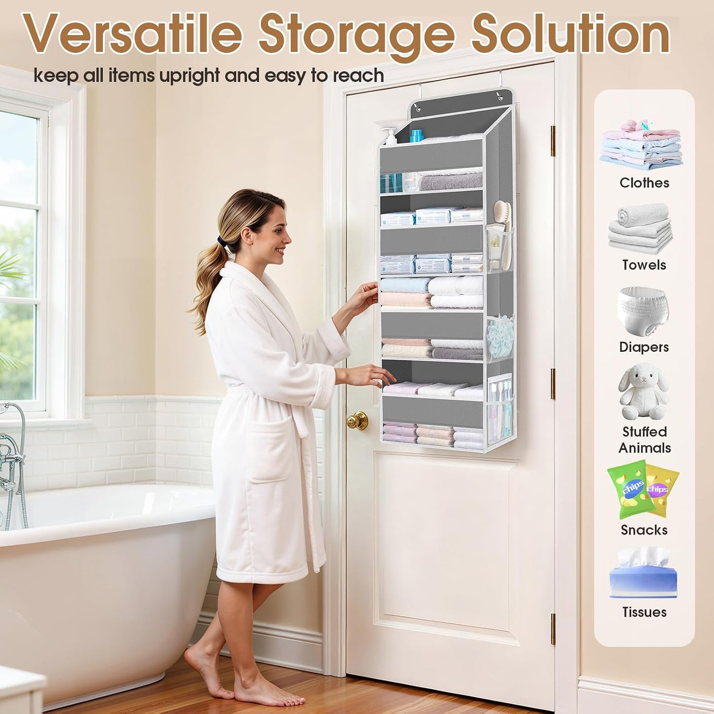 WISELIFE Over The Door Organizer Storage with 4 Large Pockets Door Hanging Organizer with Clear Windows behind The Door Storage for Nursery Bedroom Bathroom Pantry Closet and Baby Essentials Dark Grey