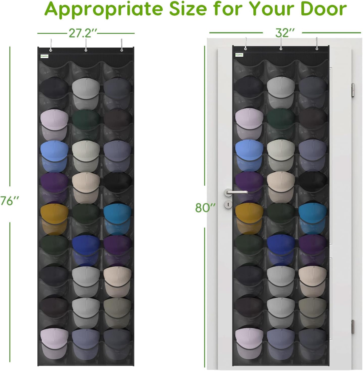 Baseball Hat Rack, 24 Pocket Over-The-Door Hat Organizer with Clear Deep Pockets to Display Baseball Caps Collection, Complete with 3 Over Door Hooks (Black, 24 Pockets)