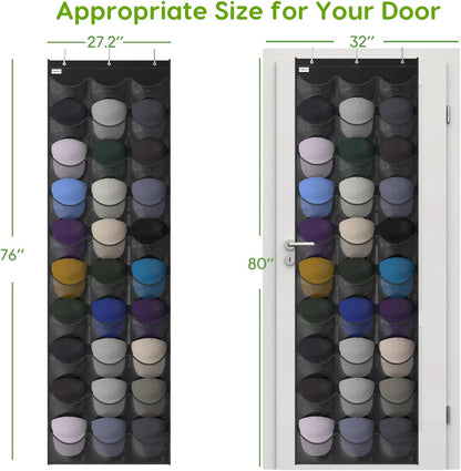 Baseball Hat Rack, 24 Pocket Over-The-Door Hat Organizer with Clear Deep Pockets to Display Baseball Caps Collection, Complete with 3 Over Door Hooks (Black, 24 Pockets)