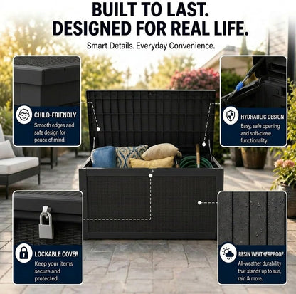 LAUSAINT HOME 320 Gallon Resin Deck Box, Package Delivery Box with Lockable Lid, Waterproof Outdoor Storage Box For Garden Tools, Patio Cushions(320 Gallon,Black)