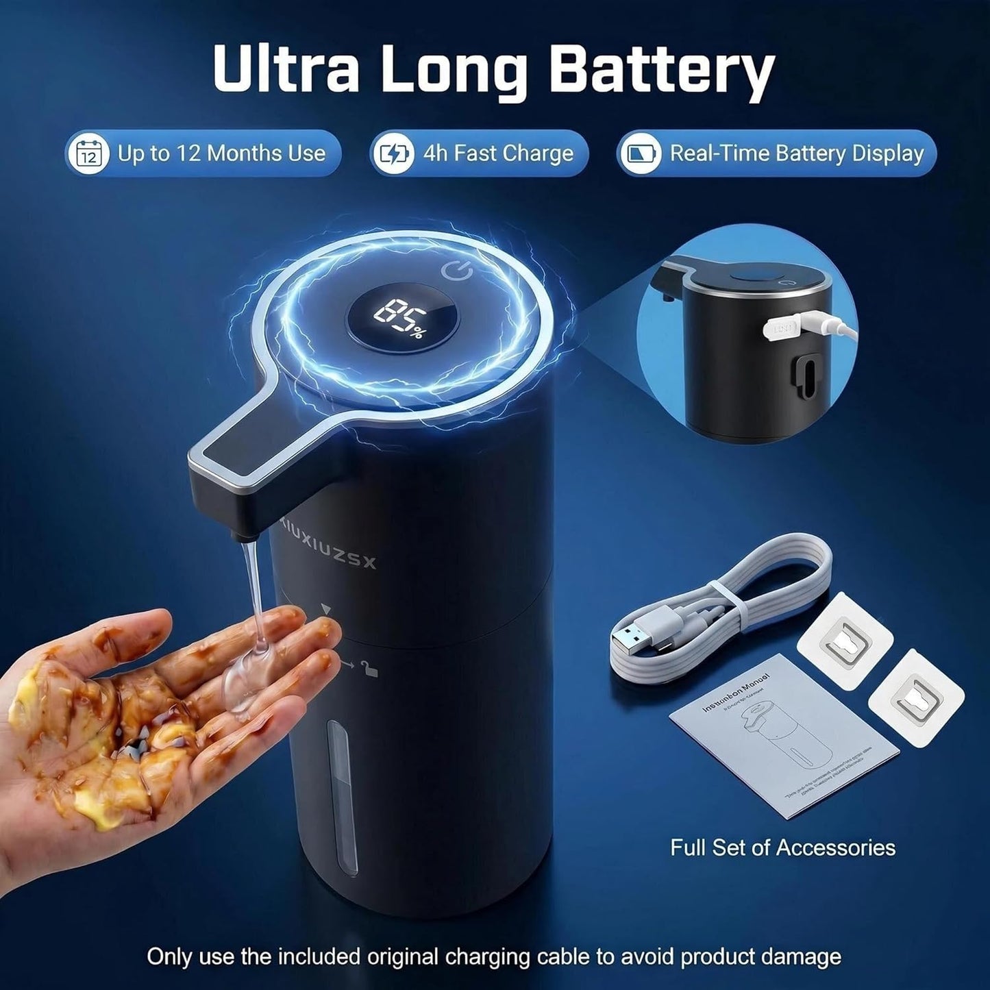 Automatic Foaming Soap Dispenser Touchless Upgrade Pump Uneasy Plugging Wall Mounted USB Rechargeable, 4-Level Adjustable 13.52oz Modern Electric Hand Soap Dispenser Kitchen Bathroom Kids Family White