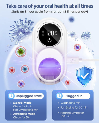Toothbrush Sanitizer Holder, Upgraded UV Toothbrush Holder with Dual-Mode Clean & Fan Dry, LED Smart Screen, Auto-Inductive Cover, Toothbrush Wall Mounted Cleaner Organizer for Bathroom, Trip