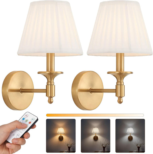 Gold Wireless Wall Sconce Set of 2, Battery Operated Wall Lights with Remote Control & 3 CCT Color Temperature Dimmable Magnetic Bulb, Rechargeable Wall Decor Lamp for Bedroom Living Room Hallway
