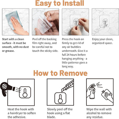 Heavy Duty Adhesive Hooks 33lb, Transparent Waterproof Removable, Damage-Free No Trace Wall Hooks for Towels Robes Keys, for Kitchen Bathroom Shower Outdoor, 20 Pack
