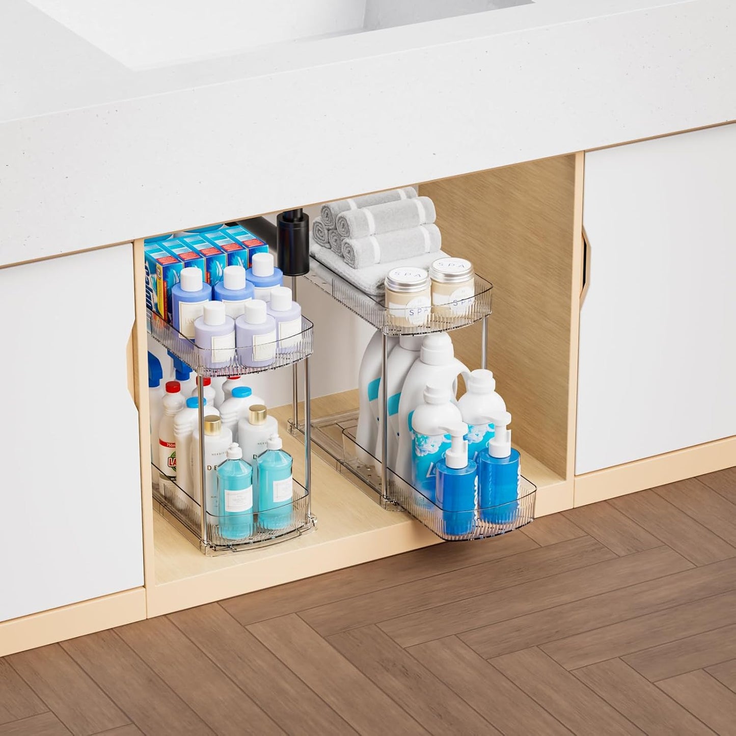 2 Pack 3 Tier Large Pull Out Bathroom Organizers and Storage,13.8″ Deep Sliding Kitchen Under Sink Organizer for Cleaning Products Storage,Acrylic Clear Bathroom inder Sink Organizer,Undersink Storage