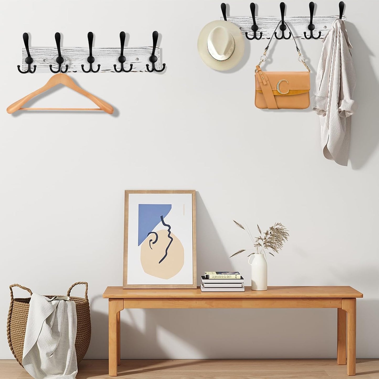 Kuhome 2pcs Coat Rack Wall Mount Wooden Hat Rack for Wall Hooks Pine Real Wood Plank 16.9" Brown Coat Hanger with 5 Triple Hooks for Hanging Coat Hat Jacket
