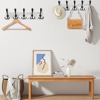Kuhome 2pcs Coat Rack Wall Mount Wooden Hat Rack for Wall Hooks Pine Real Wood Plank 16.9" Brown Coat Hanger with 5 Triple Hooks for Hanging Coat Hat Jacket
