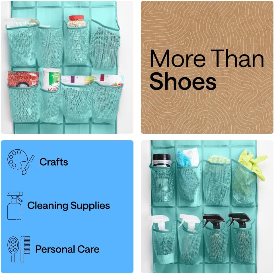 GORILLA GRIP Over the Door Shoe Organizer, 24 Large Breathable Mesh Pockets, Space Saving Hanging Storage Holder, Closet Rack Hanger Holds Up to 40 lbs, Hangs on Closets for Shoes, Accessories, Grey