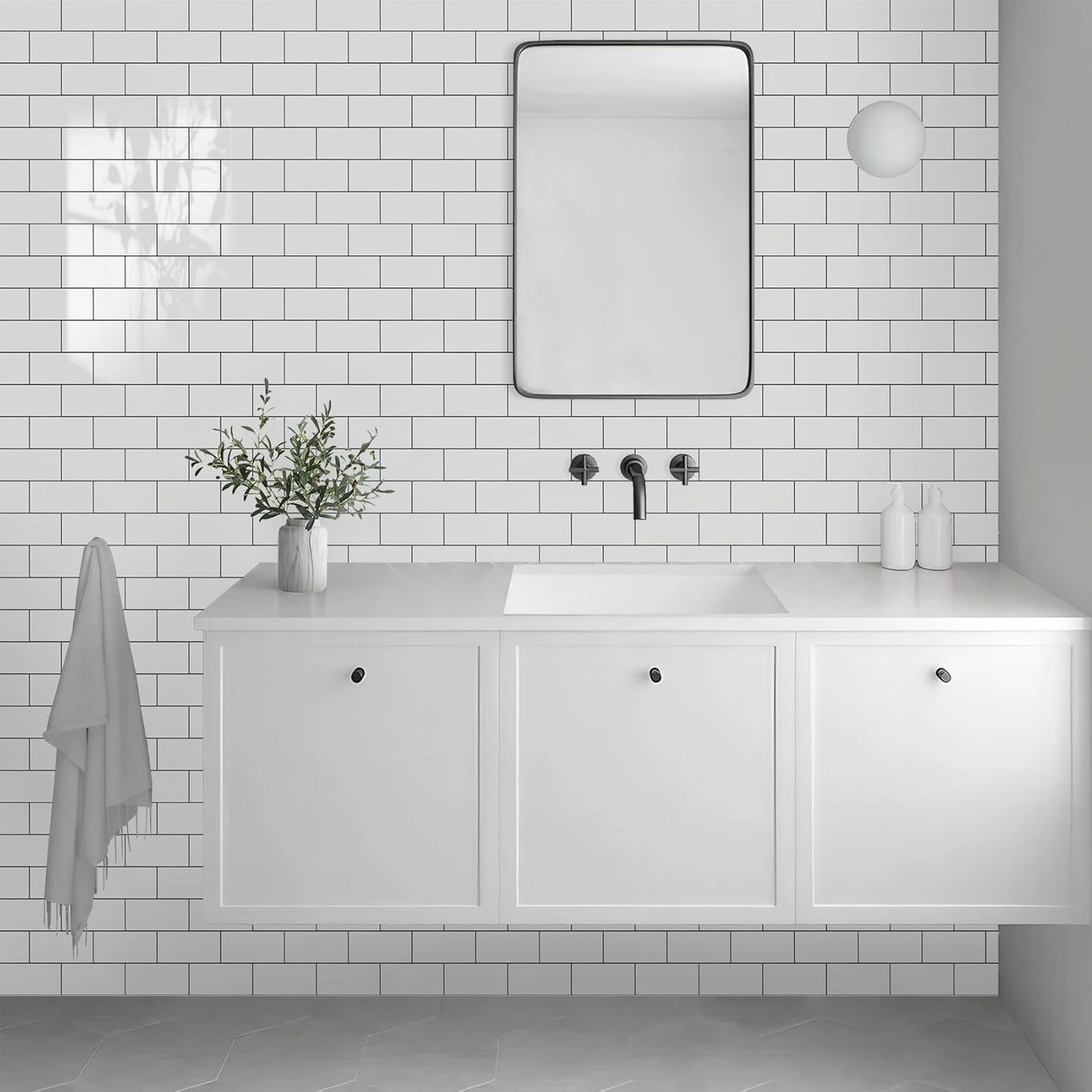 Vamos Tile 100-Piece Glossy Dolomite White Peel and Stick Backsplash Tile,3''x6'' PVC Subway Tile with White Grout, Stick on Backsplash for Kitchen/Bathroom/Fireplace