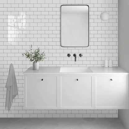 Vamos Tile 100-Piece Glossy Dolomite White Peel and Stick Backsplash Tile,3''x6'' PVC Subway Tile with White Grout, Stick on Backsplash for Kitchen/Bathroom/Fireplace