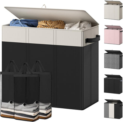 Optish 180L Laundry Hamper 3 Section, Large Laundry Hamper with Lid, Dirty Clothes Hampers with 3 Inner Bags, Laundry Basket Organizer for Laundry, Bedroom, Bathroom, Hamper 3 Compartment, Black