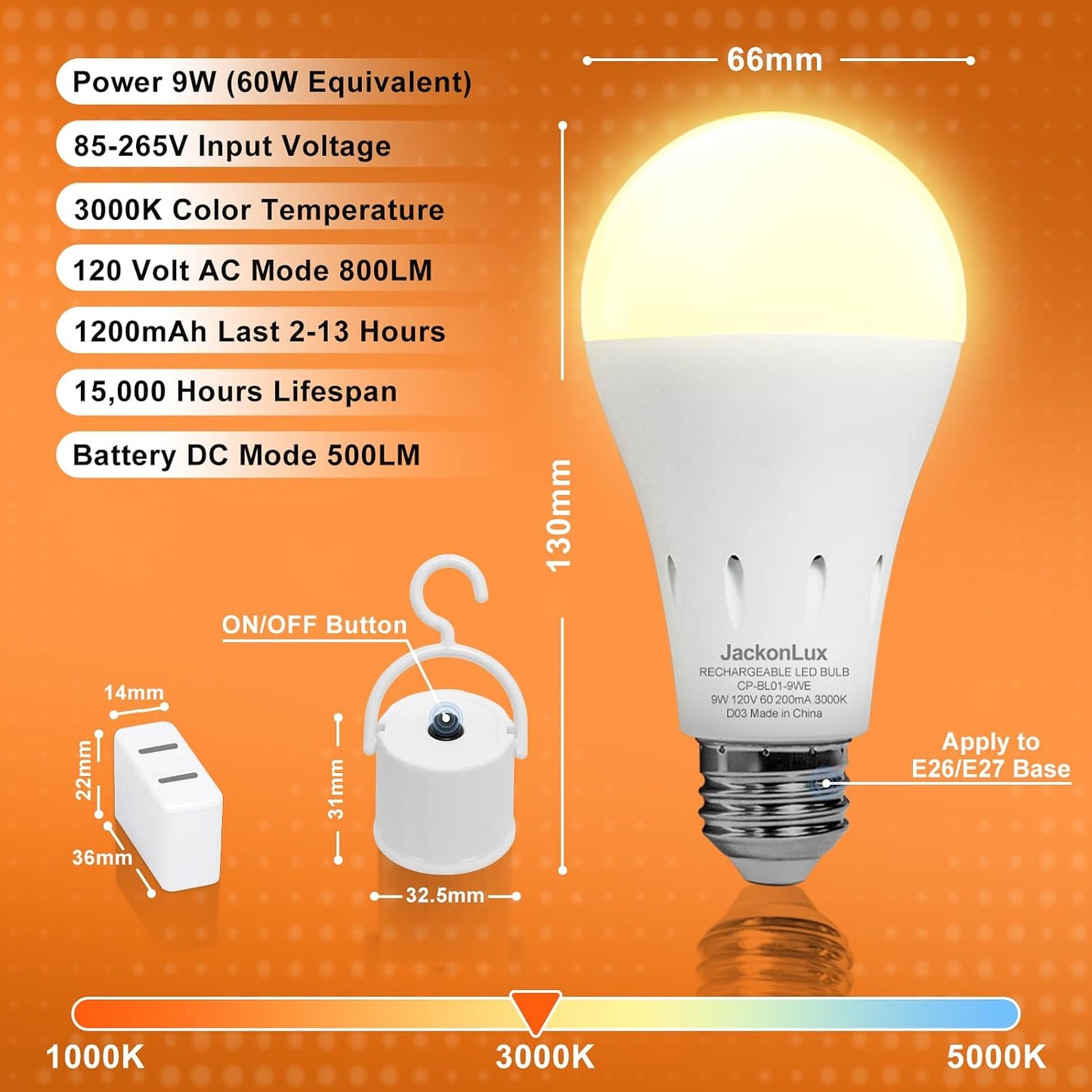 JackonLux Rechargeable Emergency LED Bulb Multi-Function Battery Backup Emergency Light for Power Outage Camping Outdoor Activity Hurricane (4, White-5000K-4PK)