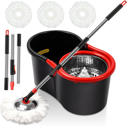 Spin Mop and Bucket with Wringer Set, 360° Spinning Mop Bucket System with 3 Microfiber Mop Replacement Heads and 50" Stainless Steel Adjustable Handle for Floor Cleaning