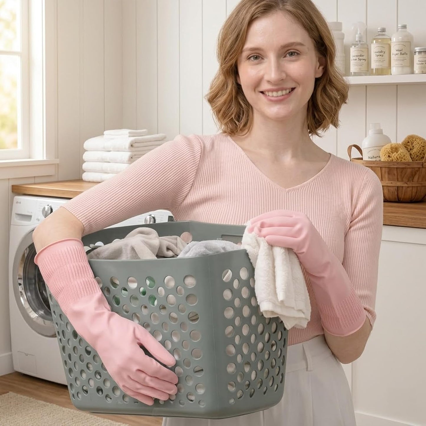 Rubber Dishwashing Gloves, 3 Pairs, Reusable Cleaning Dish Gloves for Kitchen, Non-Slip, Waterproof Dish Washing, Long Cuff for Woman (Red+Pink+Green, Small)