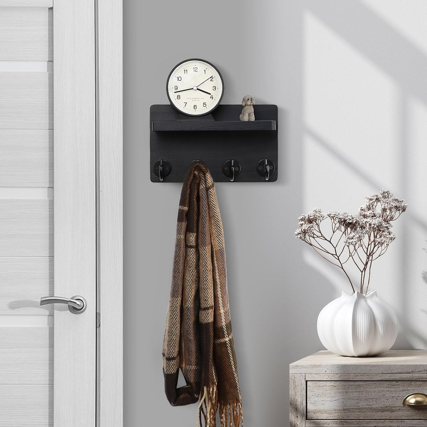 Nekon Key Holder Wall Mount, 8.5 Inch Small Home Decor Wooden Wall Organizer with 4 Hooks and Shelf, Wall Decor for Living Room Entryway Kitchen (Brown)