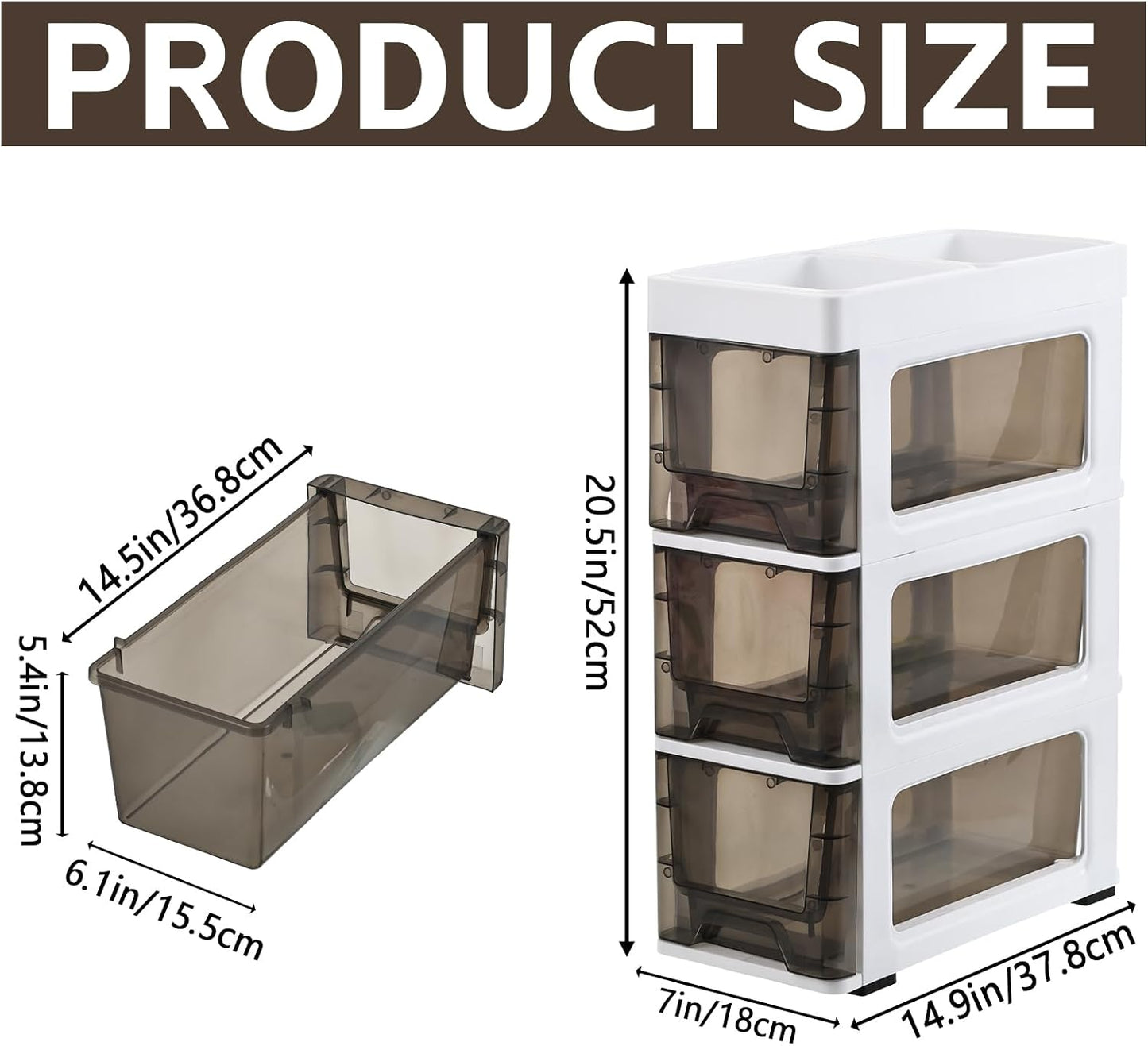 3 Drawer Storage Organizer, Narrow Slim Plastic Storage Drawer Cart with 4 Wheels, 3 Tier Space Saving Storage Tower Box, Narrow Storage Cart for Small Space Bedroom Bathroom Kitchen Pantry Office