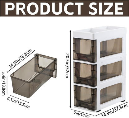 3 Drawer Storage Organizer, Narrow Slim Plastic Storage Drawer Cart with 4 Wheels, 3 Tier Space Saving Storage Tower Box, Narrow Storage Cart for Small Space Bedroom Bathroom Kitchen Pantry Office