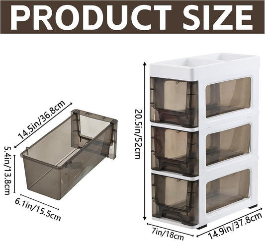 3 Drawer Storage Organizer, Narrow Slim Plastic Storage Drawer Cart with 4 Wheels, 3 Tier Space Saving Storage Tower Box, Narrow Storage Cart for Small Space Bedroom Bathroom Kitchen Pantry Office