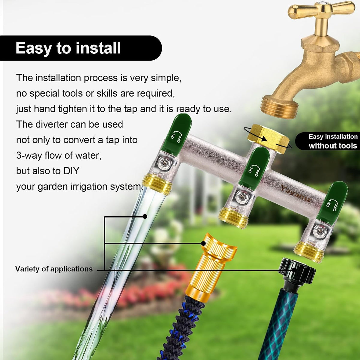 Garden Hose Splitter, 3/4” Rust and Freeze Resistant Outdoor Hose Manifold with 2 green Extra Long Handles Faucet Adapter-Heavy Duty Brass Nickel Plated 2-Way Valve