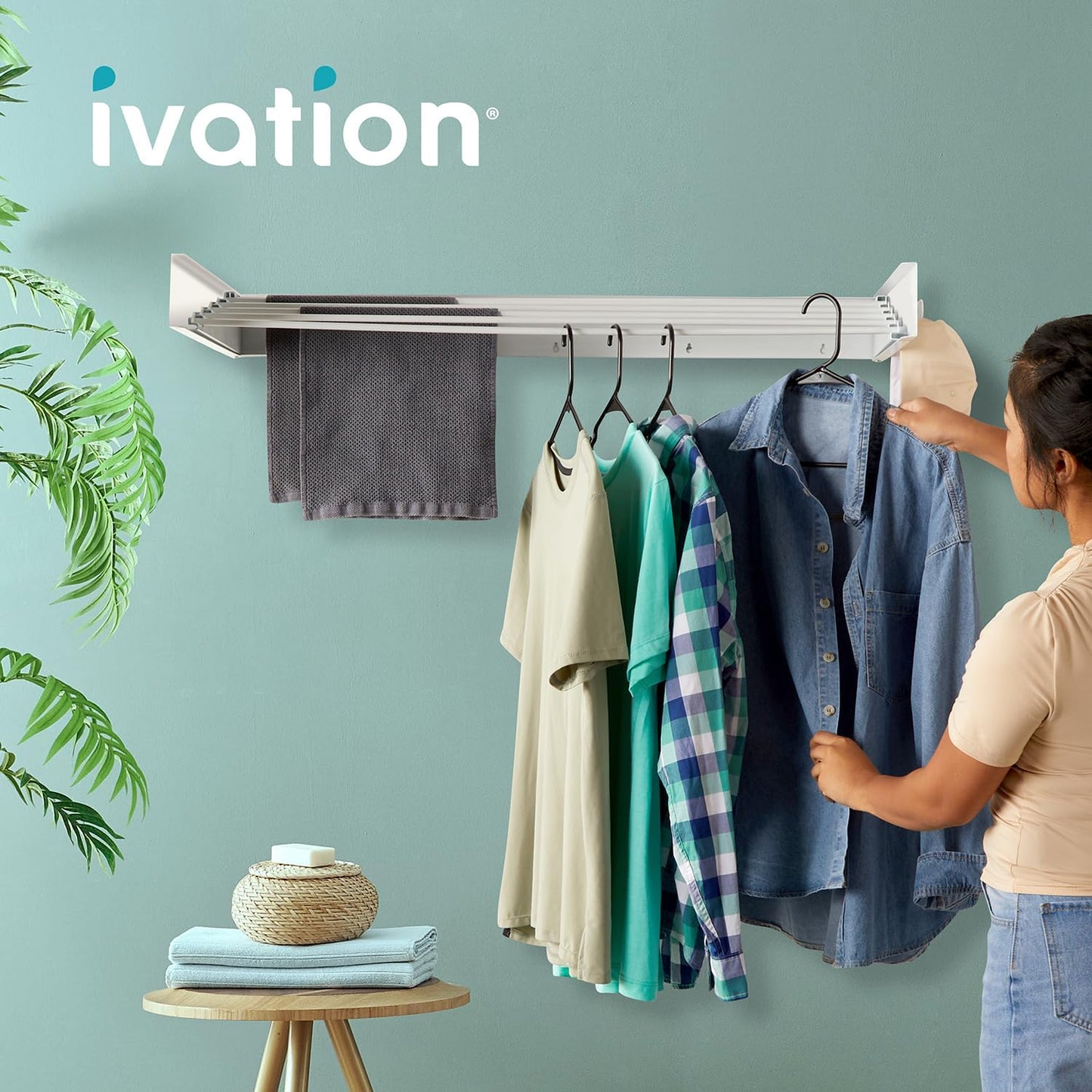 Ivation Retractable Wall Mounted Clothes Drying Rack, 40" Foldable Laundry Drying Rack for Clothing | Collapsible Space-Saving Design & 5 Rods | Easy Installation with Hardware & Wall Template (White)