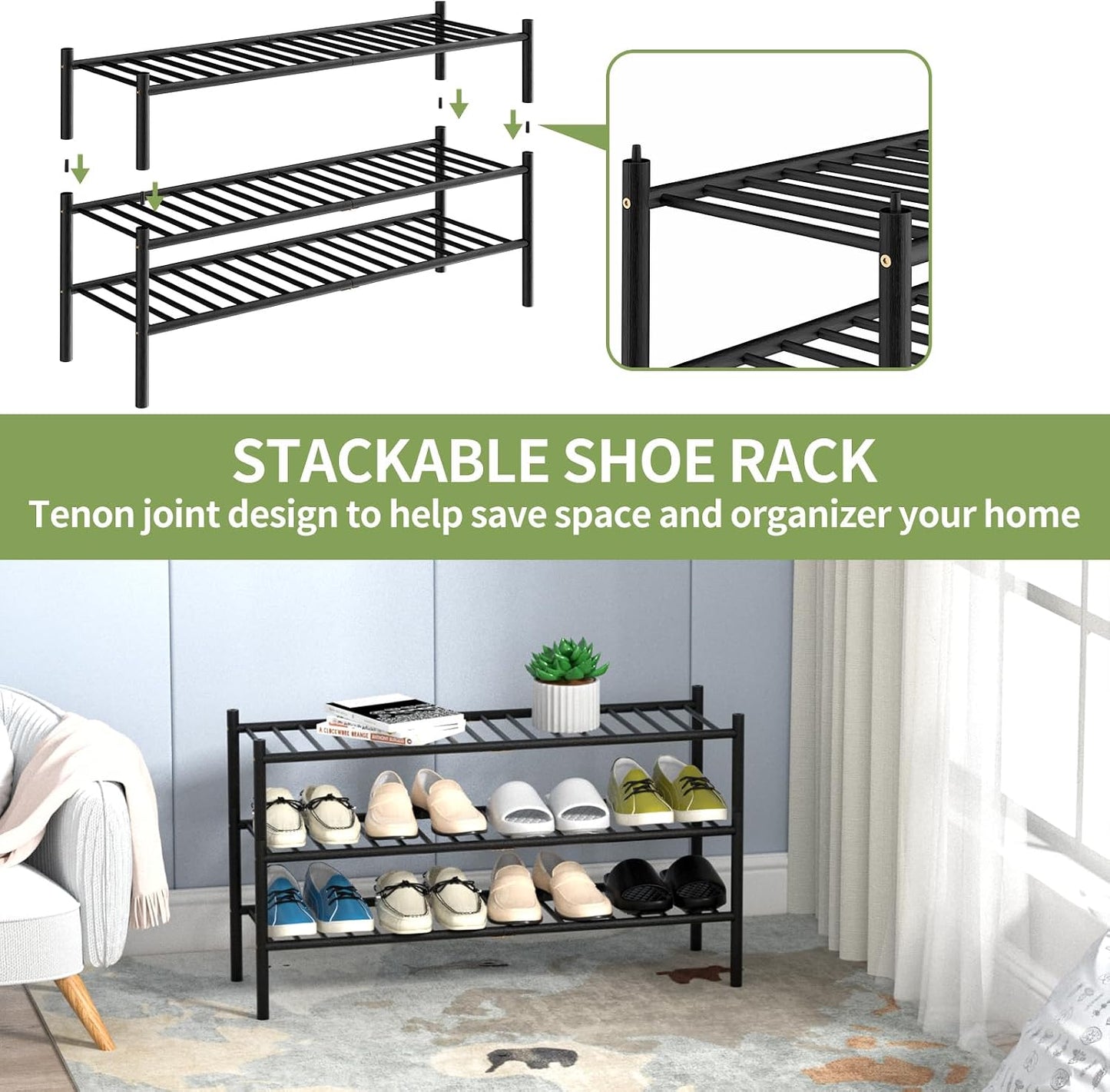 ROMGUAR CRAFT 3 Tier Bamboo Shoe Rack for Closet Free Standing Wood Shoe Shelf Storage Organizer for Entryway Small Space Stackable 27"x11"x20" (Natural)