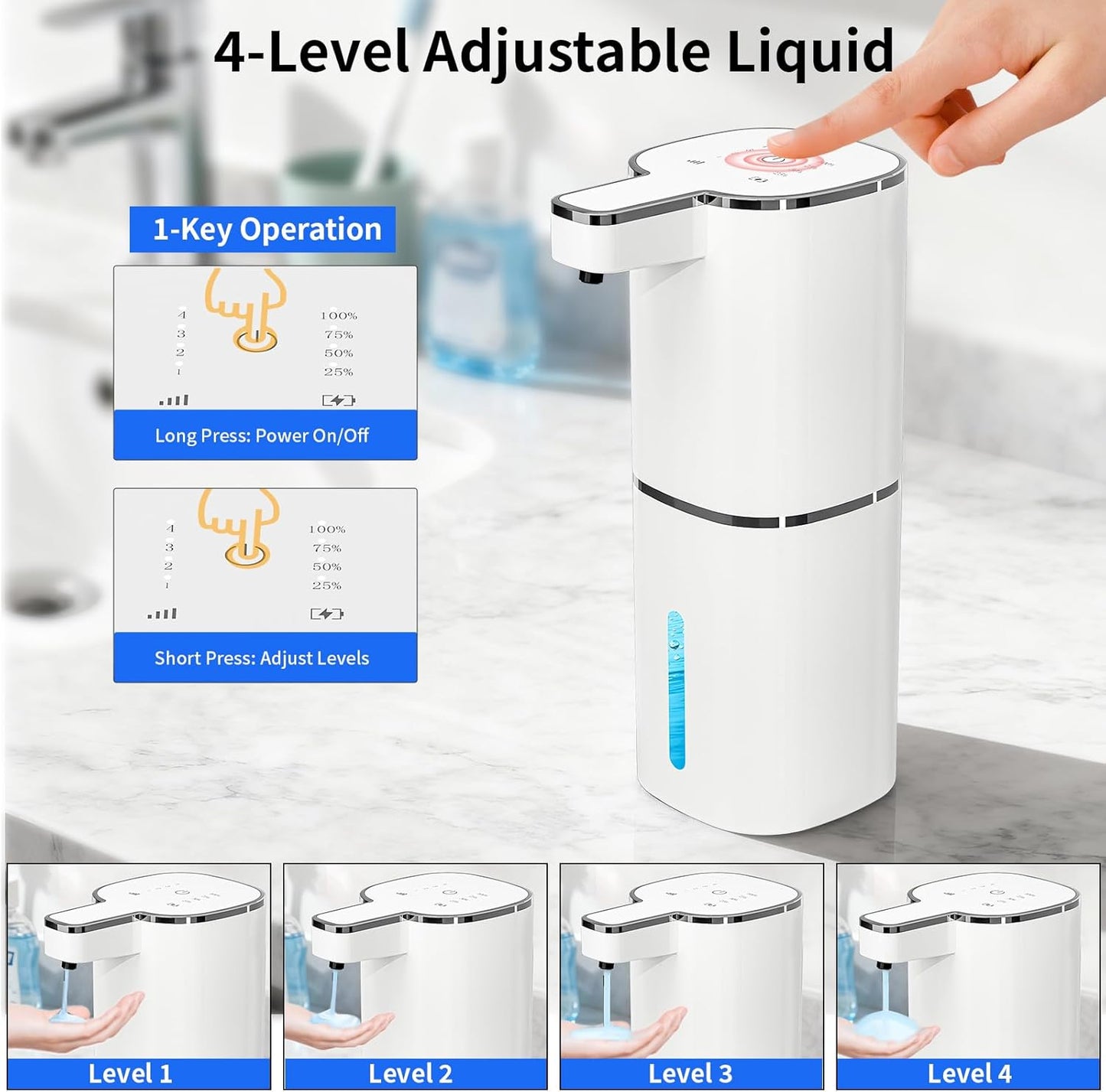 Automatic Foaming Soap Dispenser, Touchless Hand Soap Dispenser, USB Rechargeable, 4 Adjustable Levels, 14.2 oz (420 ml) Large Capacity, for Bathroom, Kitchen & School (Black, Foaming)