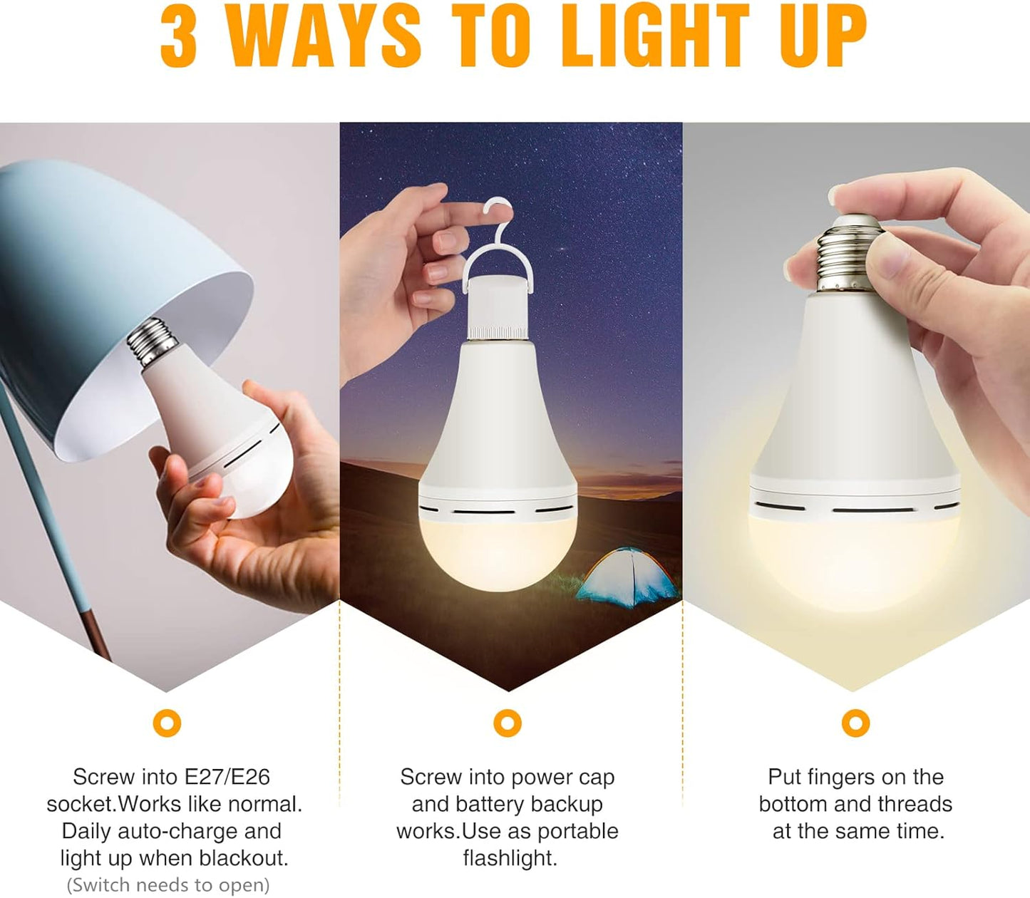 Neporal 4 Pack Emergency-Rechargeable-Light-Bulb, Stay Lights Up When Power Failure, 1500mAh 15W 80W Equivalent LED Light Bulbs for Home, Camping, Tent (E27, with Hook) (Daylight)