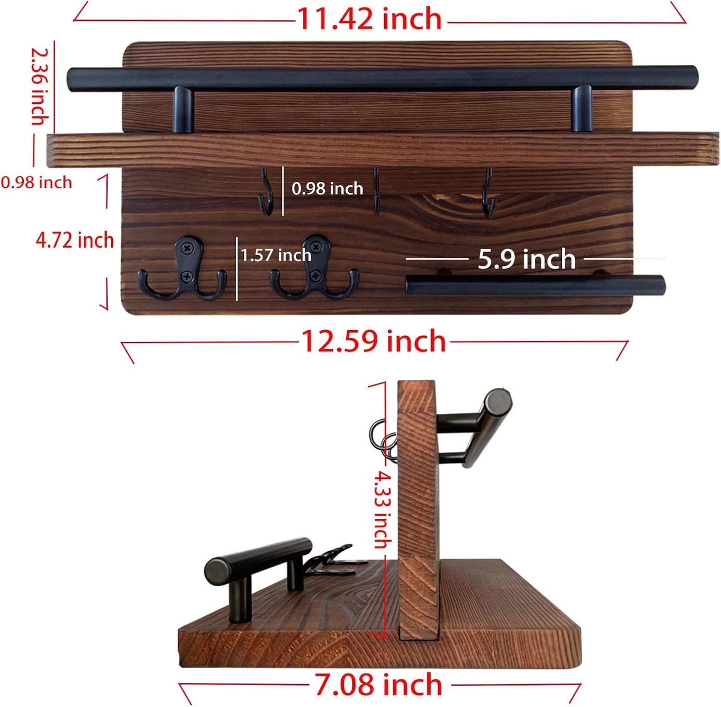 Wooden Key and Mail Holder Wall Mount with 5 Hooks for Entryway Decor | Hold keys&mail,Solid natural wood,Sturdy metal hooks,Easy wall mount,Rustic farmhouse decor