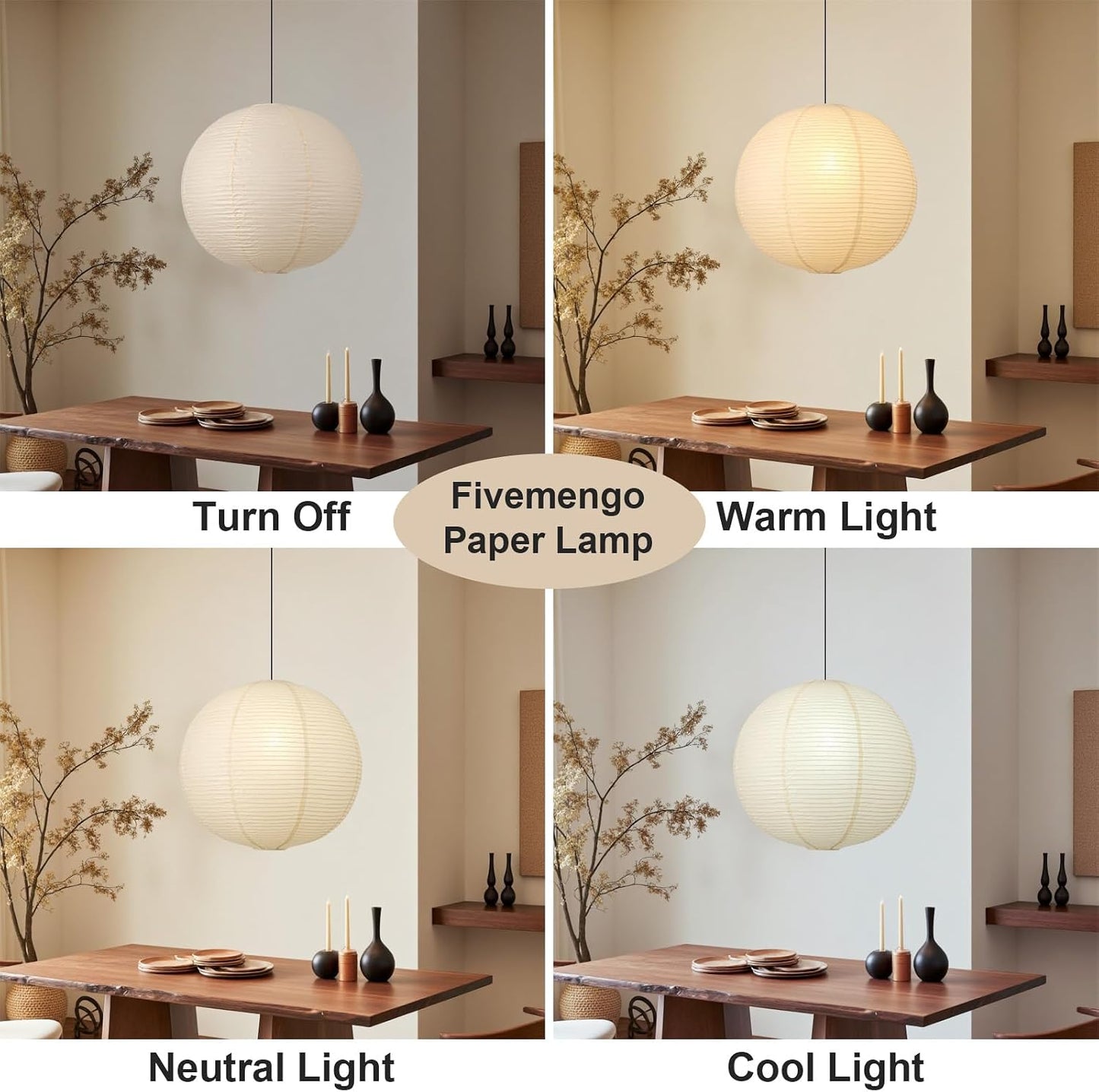 Large Rice Paper Pendant Light Kit, 20in White Globe Paper Lantern Lights, E26 Base, Japanese Hanging Lantern Lamp Japandi Chandelier for Dining Room Bedroom Office Living Room