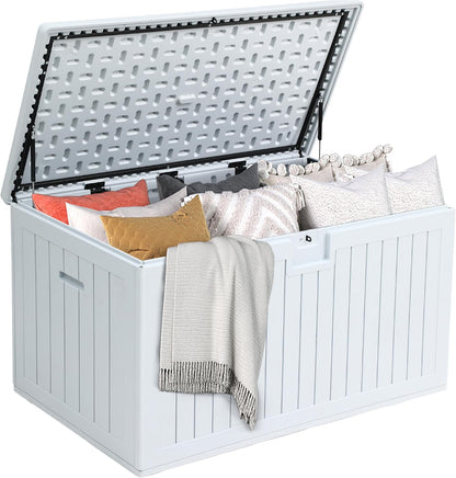 DWVO 100 Gallon Outdoor Storage Box, Large Deck Box Lockable Waterproof and UV Resistant Resin for Gardening Tools, Pool Supplies, Patio Cushions (Black)
