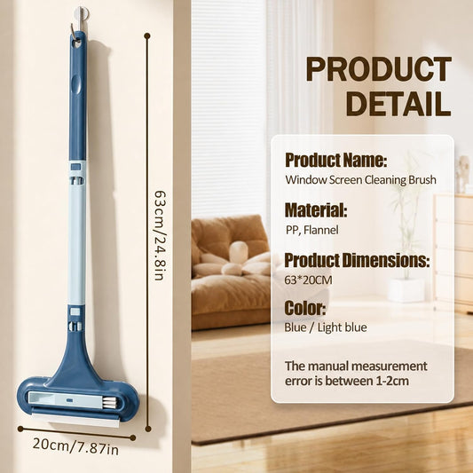 Window Screen Cleaning Brush, 3 in 1 Window Screen Cleaner Brush with Squeegee and Detachable Long Handle,Wet Dry Dual-Use Mesh Screen Cleaner Tool for Dusty Corners, Patio Door Porch Screens(Blue)