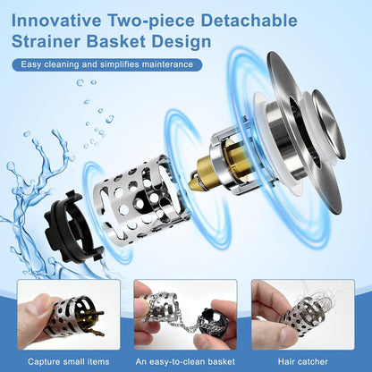 Upgraded 3 in 1 Bathroom Sink Drain Strainer, Universal Pop Up Stopper with Removable Stainless Steel Filter Basket Hair Catcher, Sink Plug for 1.1''~2.36'' Basin, Brushed Nickel Finish (1PC)