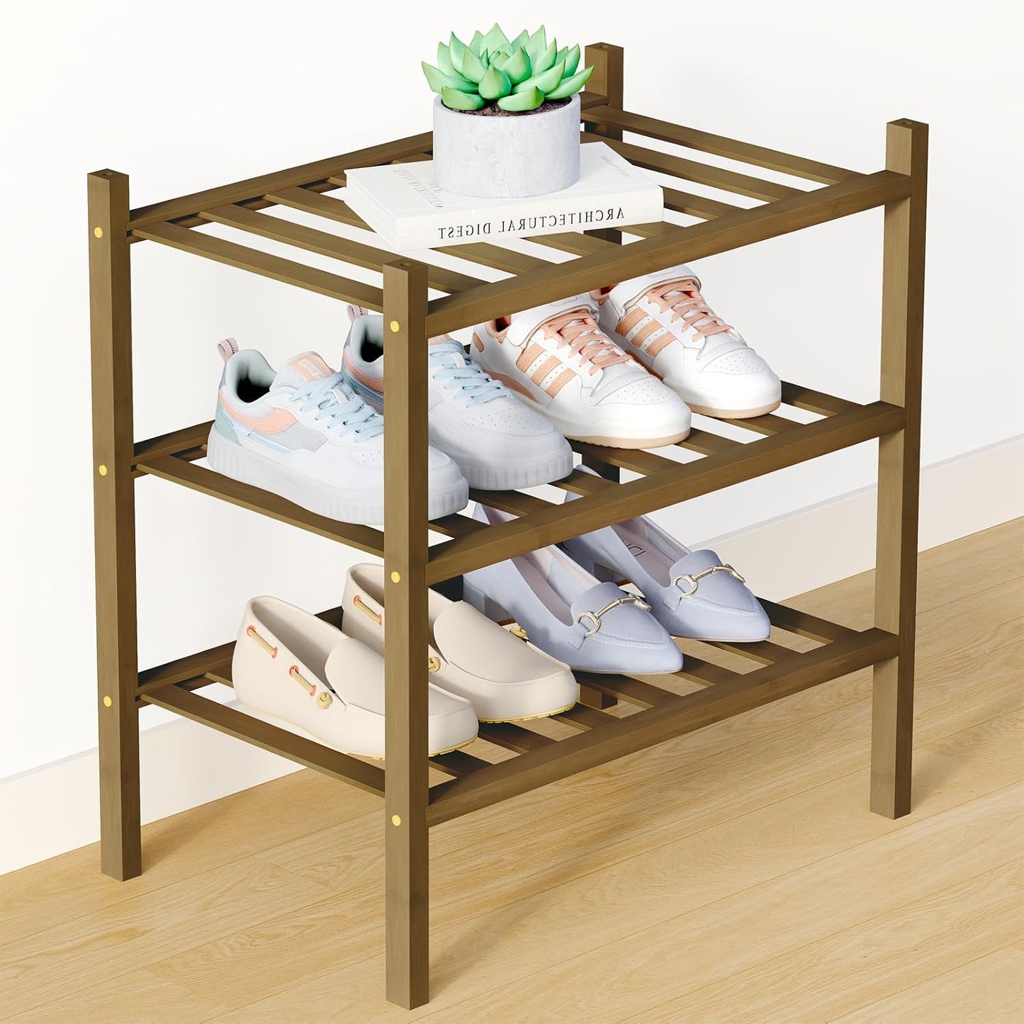 Smiry Bamboo Shoe Rack for Closet, 3 Tier Wooden Shoe Organizer, Stackable Wood Shoe Storage Shelf for Entryway, 14 Vertical Slats, One-piece Heavy-Duty Legs, 26.77"x11.02"x18.31", Natural