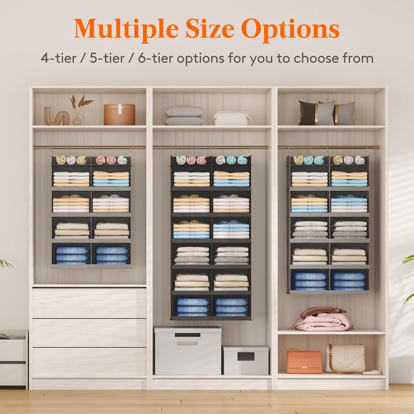 Lifewit Dual-Row Shelf Hanging Closet Organizer and Storage, Clothes Shelves with 3 Sturdy Hooks for Clothing Organization, Foldable Container Hold Up to 24 Sweaters, 4 Tier 8 Sections, Gray